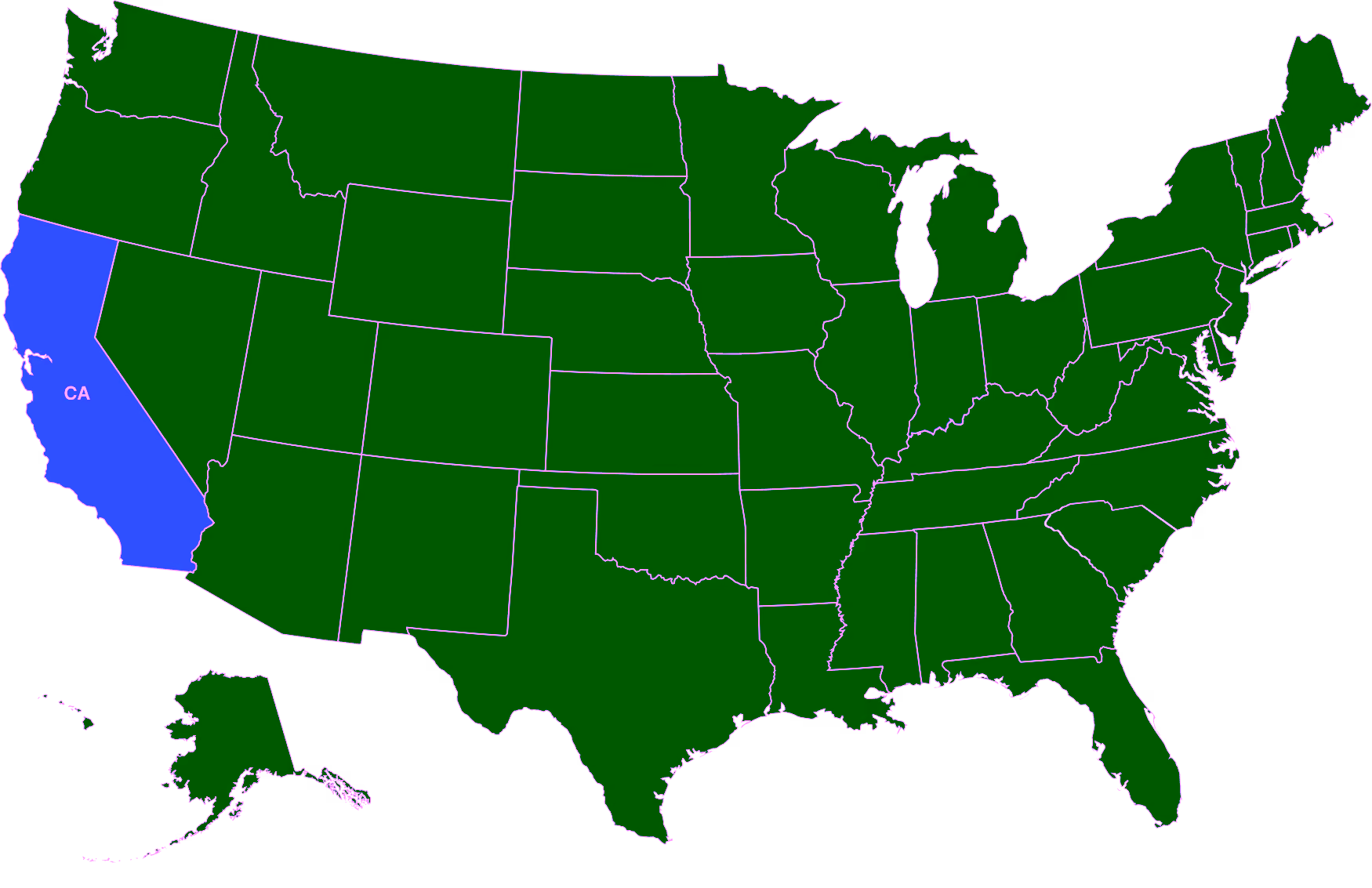 Map of the US showing California and Indiana highlighted in light purple, other states in dark purple.