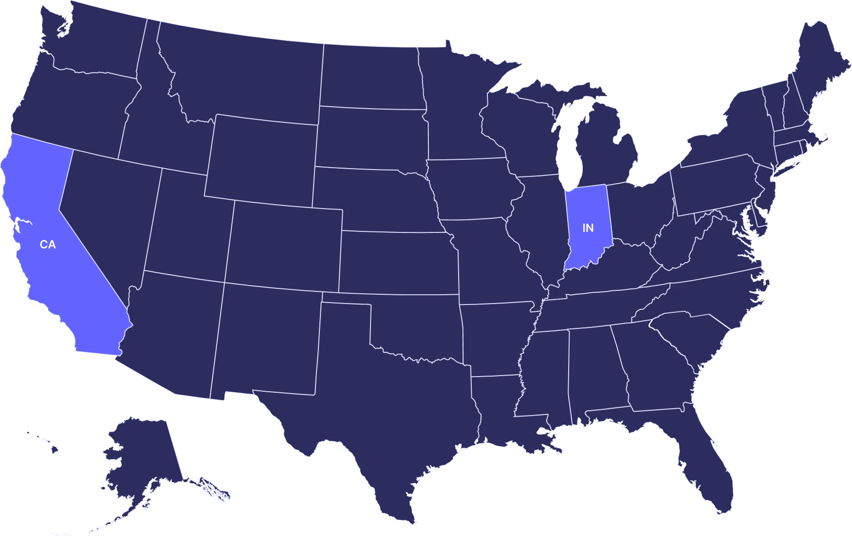 Map of the US showing California and Indiana highlighted in light purple, other states in dark purple.