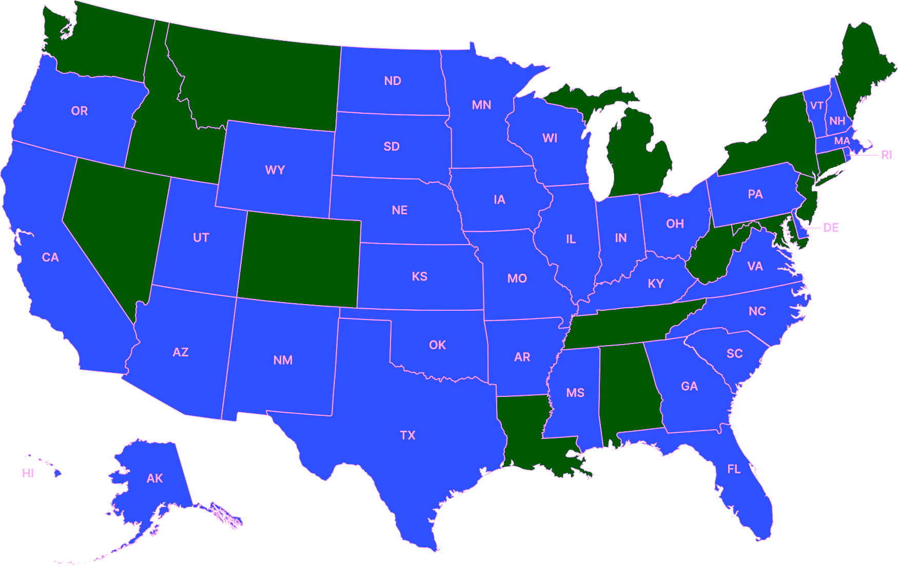US map with states colored in two shades of blue and state abbreviations labeled.
