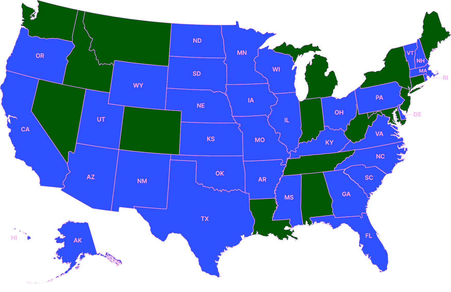 US map with states colored in two shades of blue and state abbreviations labeled.