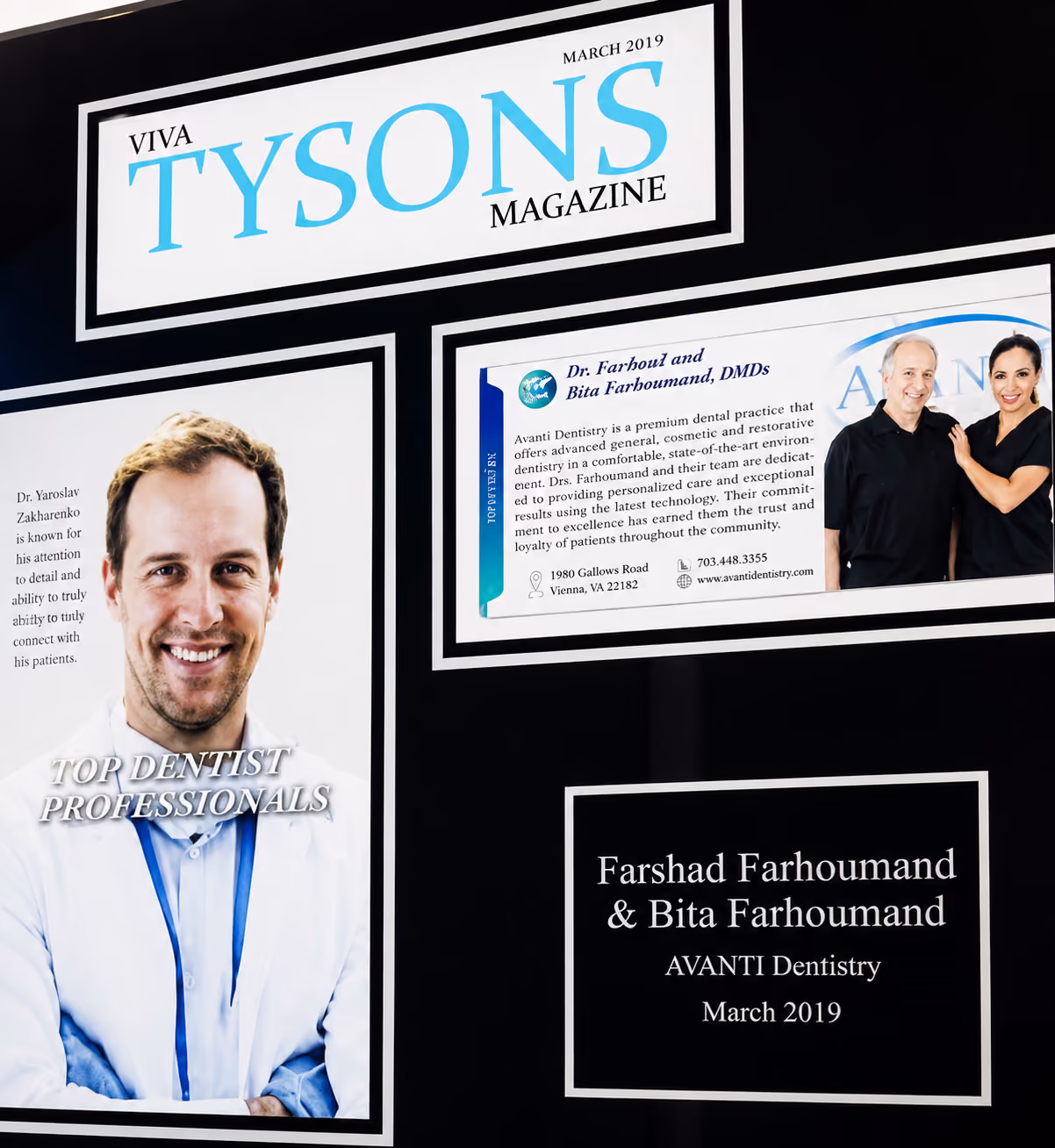 Viva Tysons Magazine cover featuring dentists Farshad and Bita Farhoumand from Avanti Dentistry, March 2019.