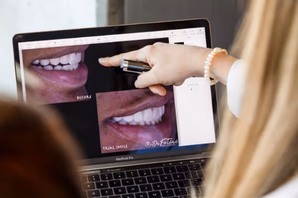 Dentist using a digital scanner inside patient's mouth with dental imaging on a laptop screen.