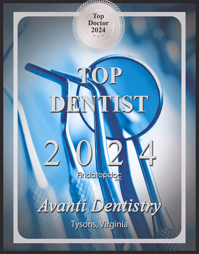 Top Dentist 2024 award plaque for Avanti Dentistry in Tysons, Virginia with dental tools background.