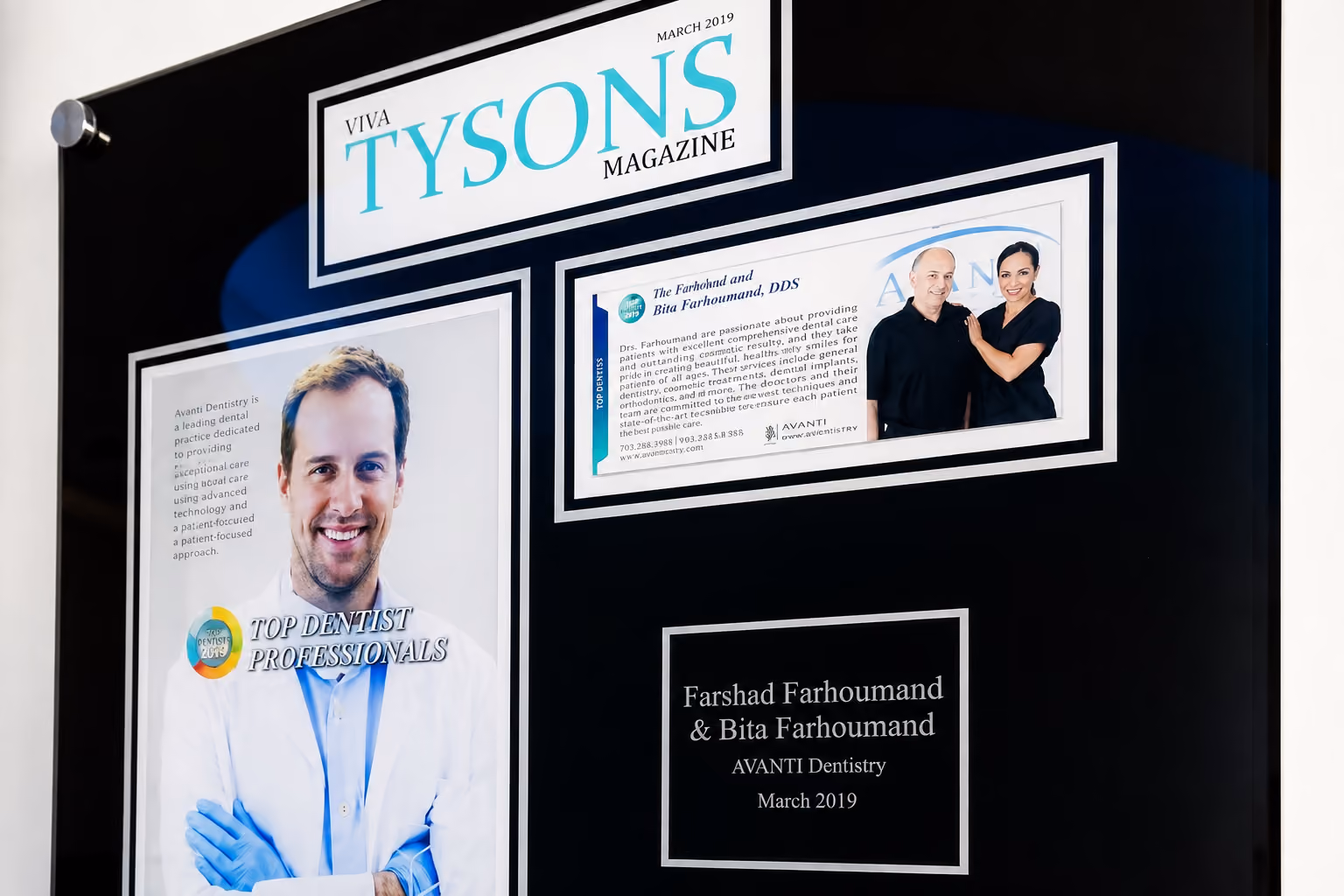 Framed Viva Tysons Magazine March 2019 featuring dentists Farshad and Bita Farhoumand of AVANTI Dentistry.