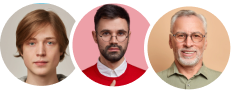 Headshots of three men with different ages and backgrounds, each inside a circular frame.
