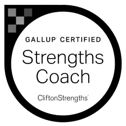 Gallup Certified Strengths Coach badge with CliftonStrengths text inside a circular design.