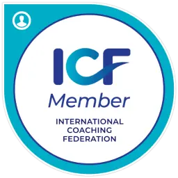 International Coaching Federation ICF Member badge with blue and turquoise circular design.