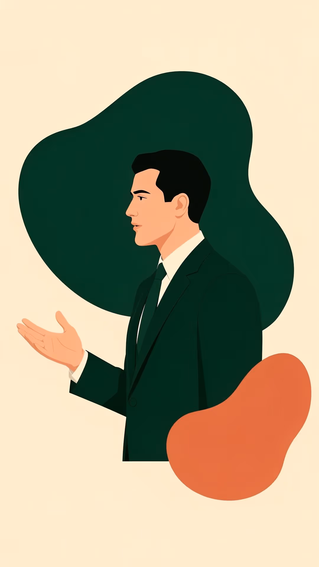 Illustration of a man in a suit gesturing with one hand against abstract green and orange shapes.