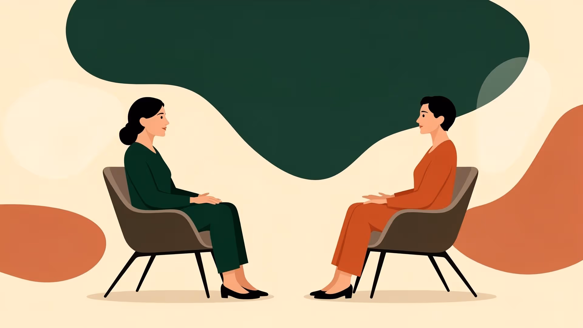 Two women sitting on chairs facing each other having a conversation with abstract shapes in background.