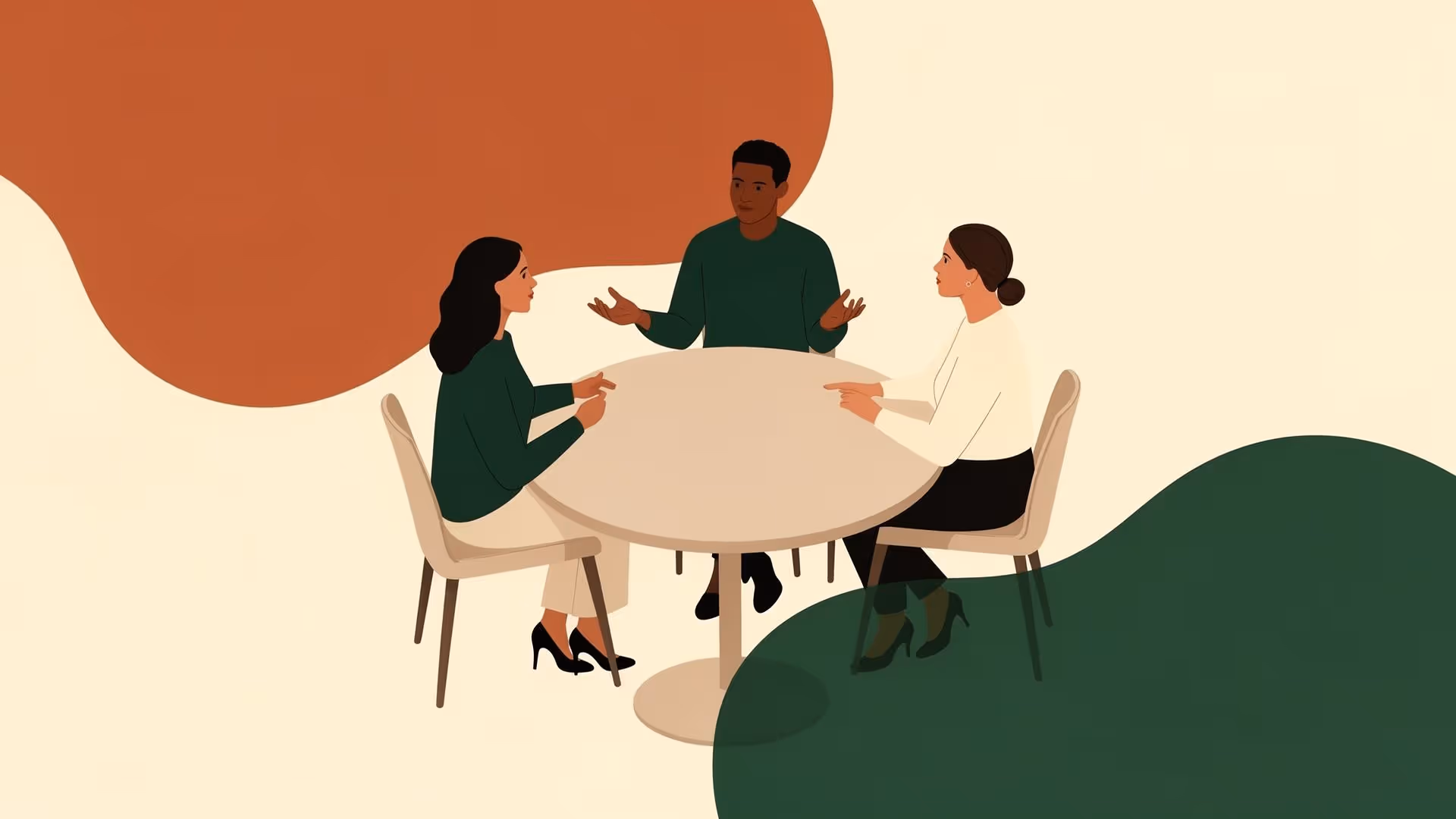 Three people sitting around a round table having a discussion in a minimalist style.