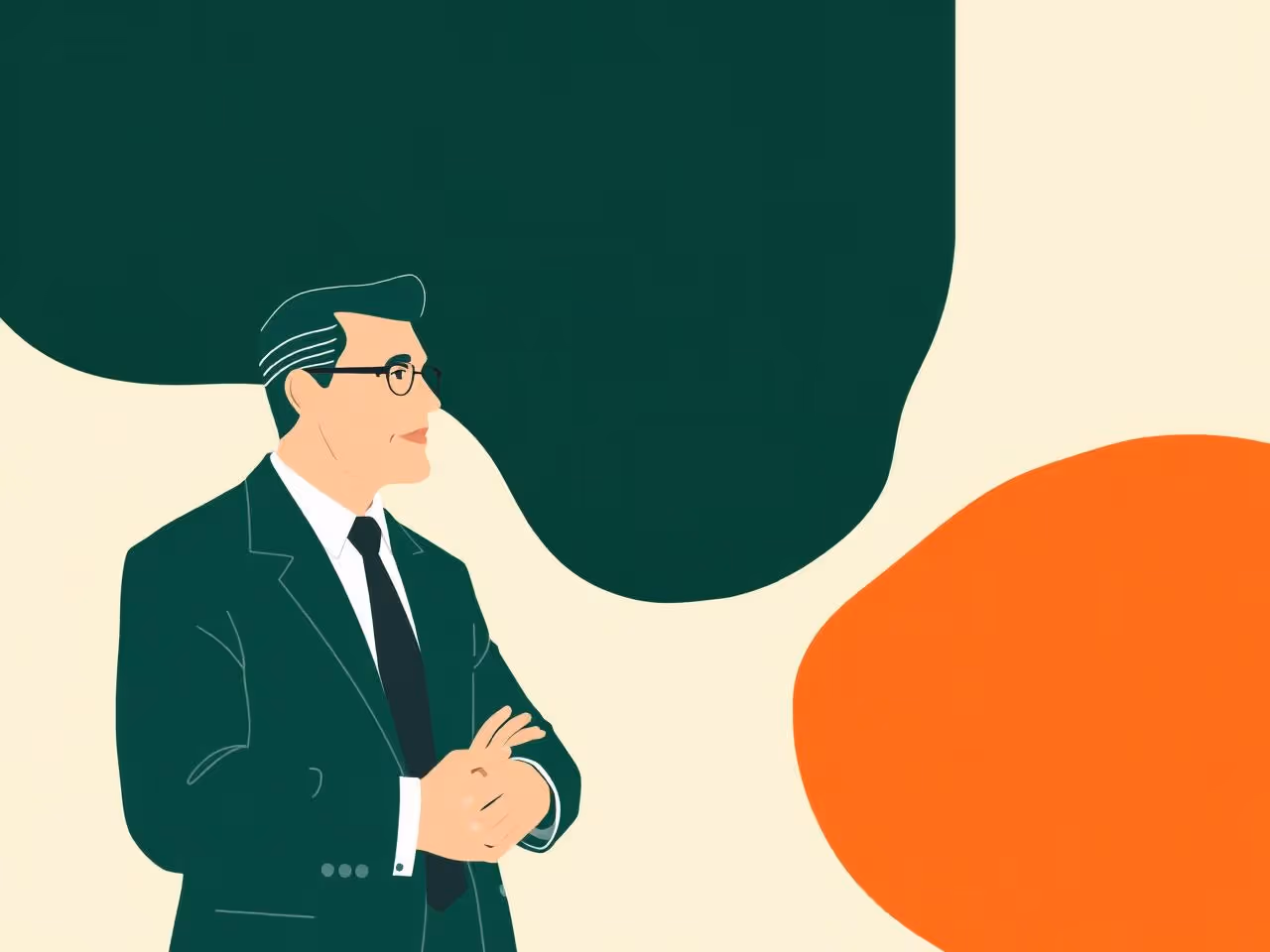 Illustration of a man in a suit with glasses standing against an abstract background with green and orange shapes.