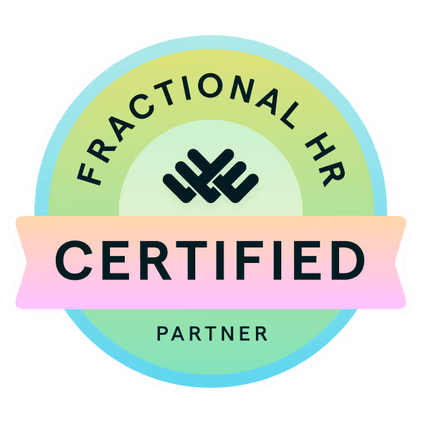Colorful badge with 'Fractional HR Certified Partner' text and abstract icon in the center.
