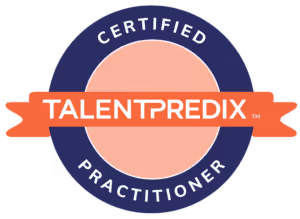Badge with text Certified Practitioner around TalentPredix logo on orange and blue ribbons.
