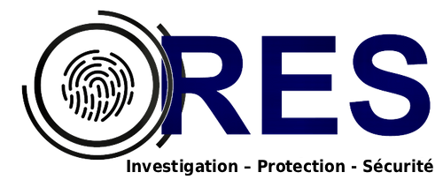 Logo with a fingerprint inside circular lines followed by letters R, E, S in bold blue font.