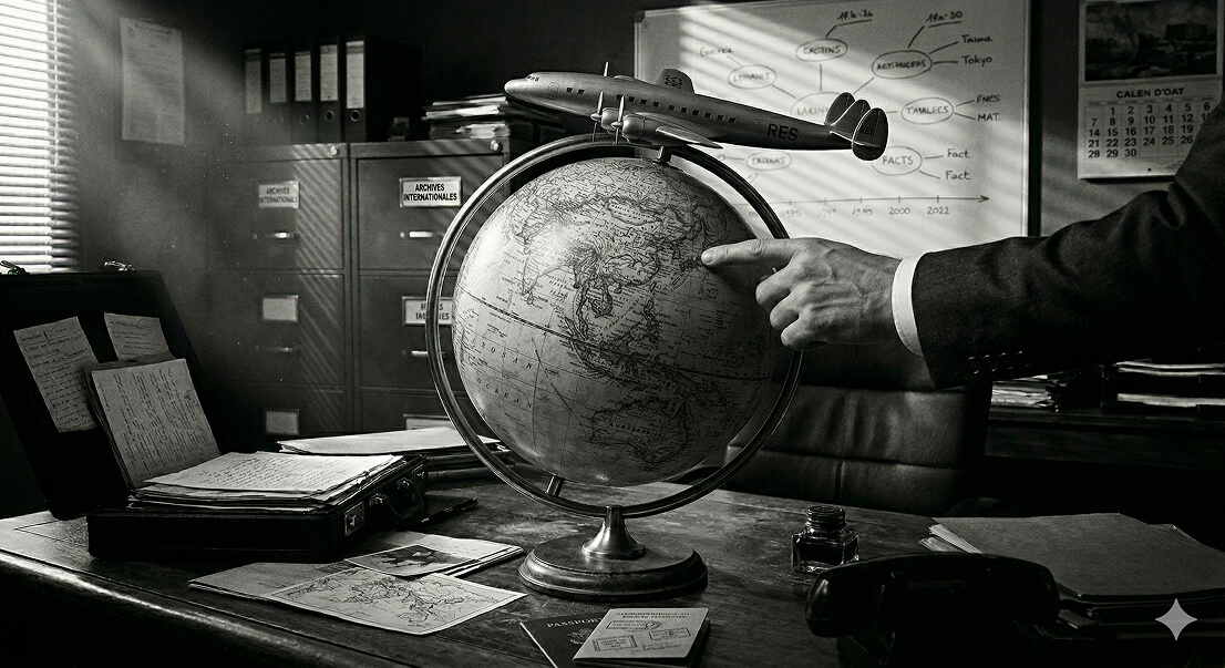 Man in suit points at a globe on a desk with a model airplane on top in a vintage office setting.