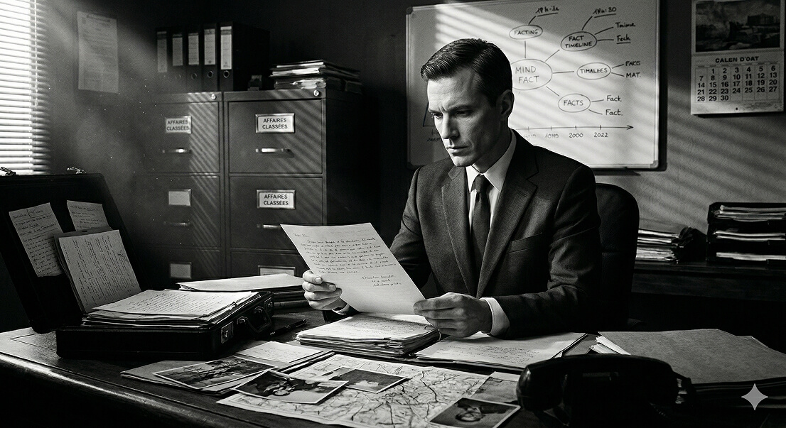 Man in suit studying documents at cluttered desk in vintage office with files and a whiteboard.