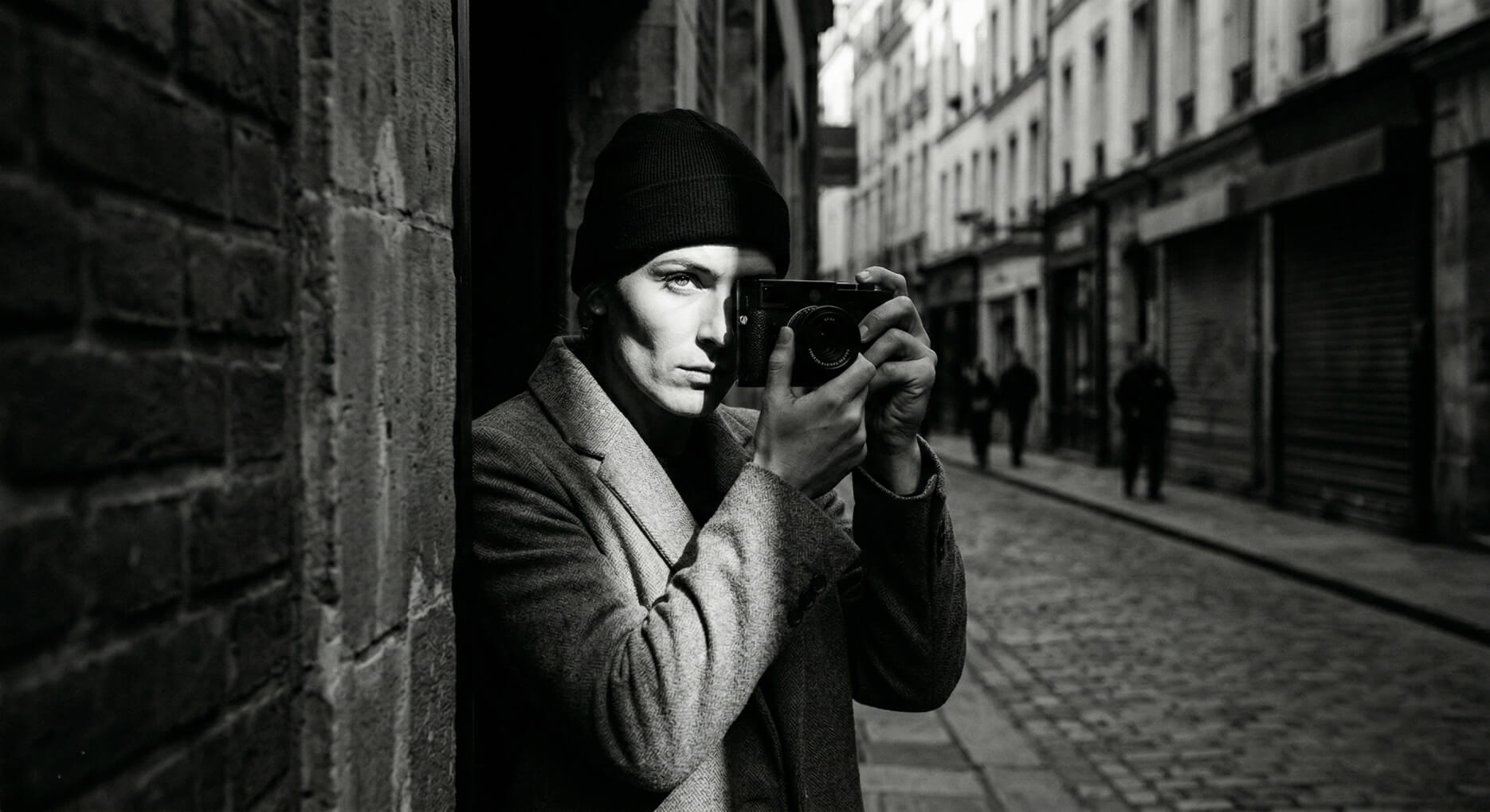 Person in a beanie and coat taking a photo with a camera on a cobblestone street in black and white.