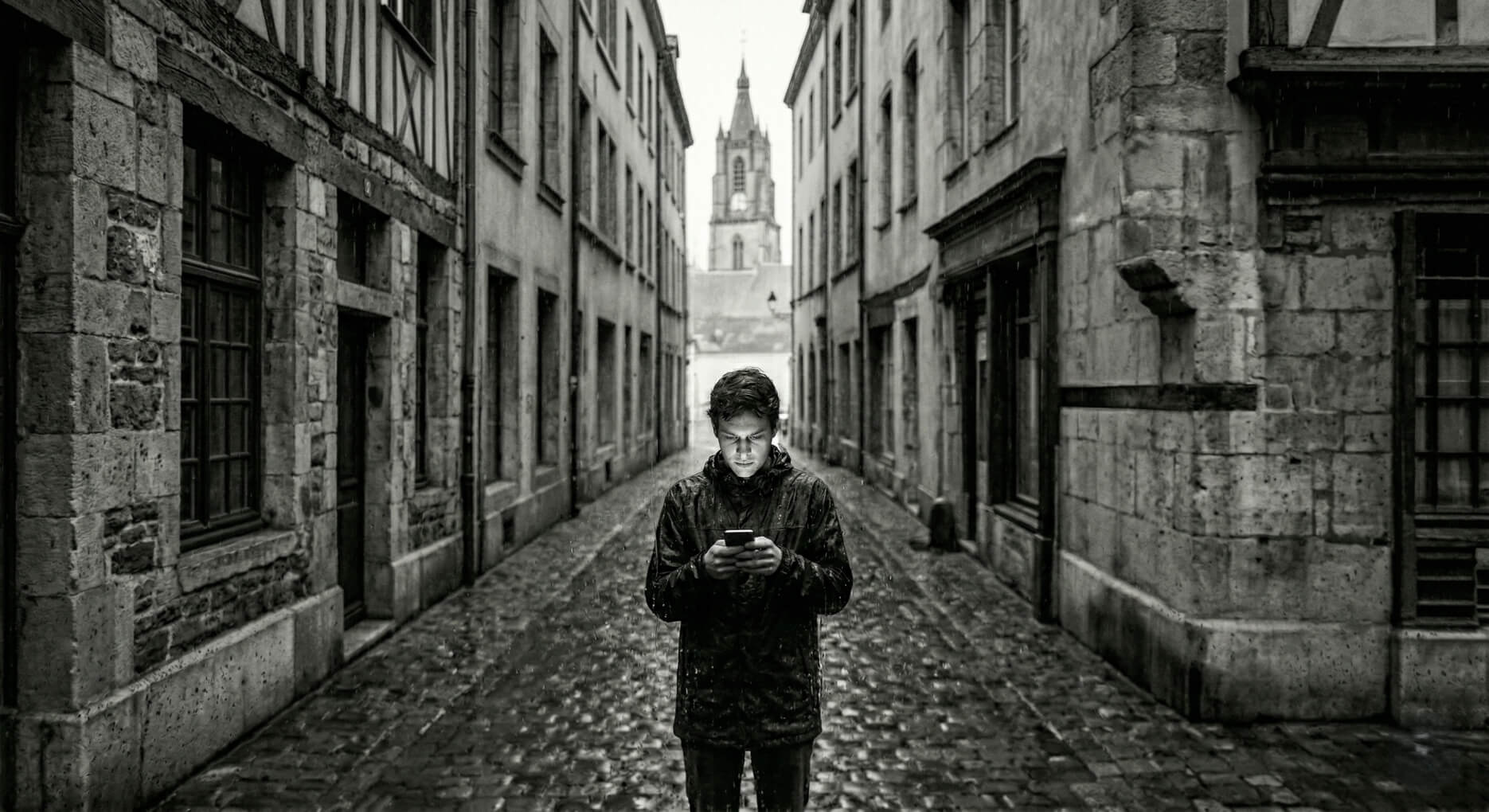 Person in dark jacket standing on wet cobblestone street lit by phone screen under cloudy sky.