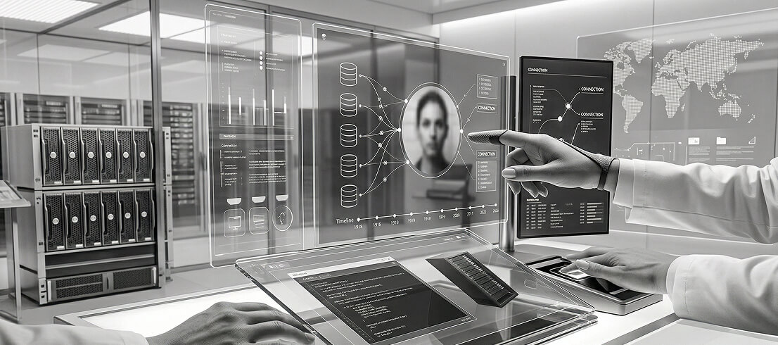 Person interacts with transparent digital screens showing data, a blurred face, and a world map in a tech lab.