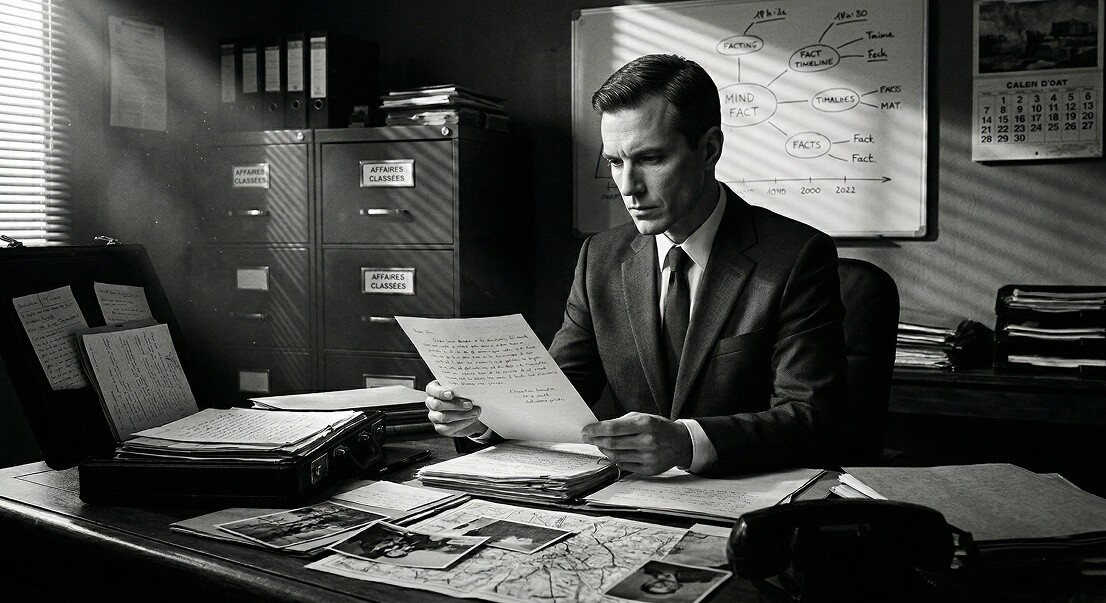 Man in a suit intently reads a paper at a desk with documents, photos, and filing cabinets behind him.