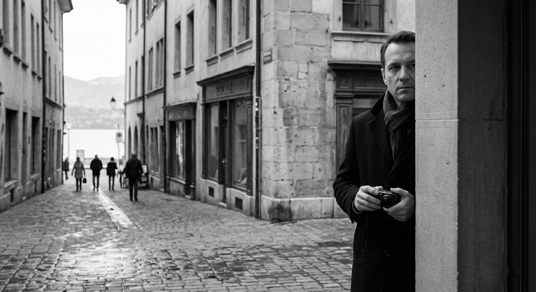 Man in dark coat and scarf holding a camera, peeking around a corner on a cobblestone street.