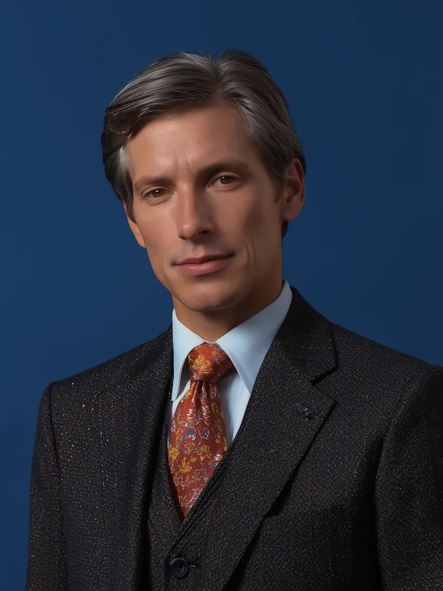 Professional portrait of a man with gray hair wearing a dark suit and patterned orange tie against a blue background.