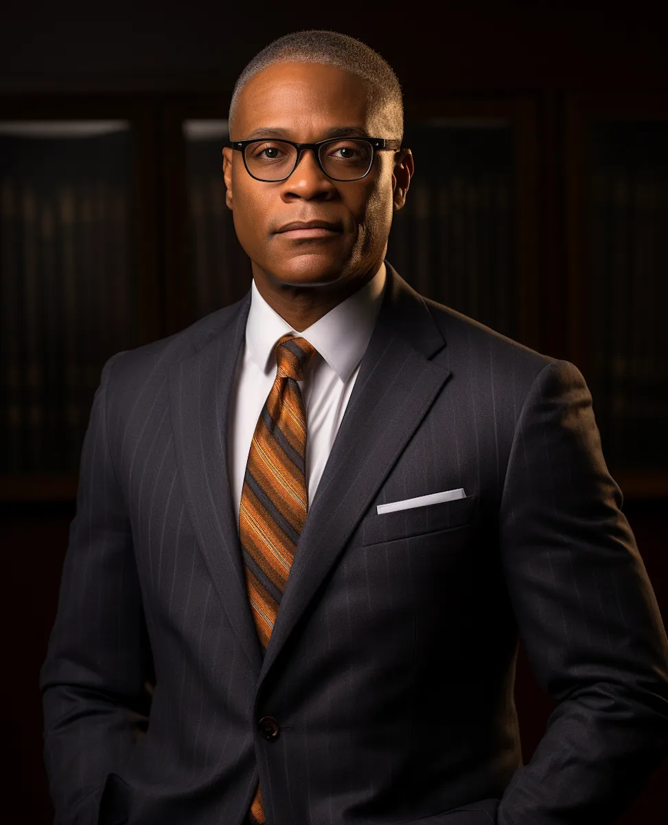 Confident man in a dark pinstripe suit, white shirt, orange striped tie, and black glasses against a dark background.