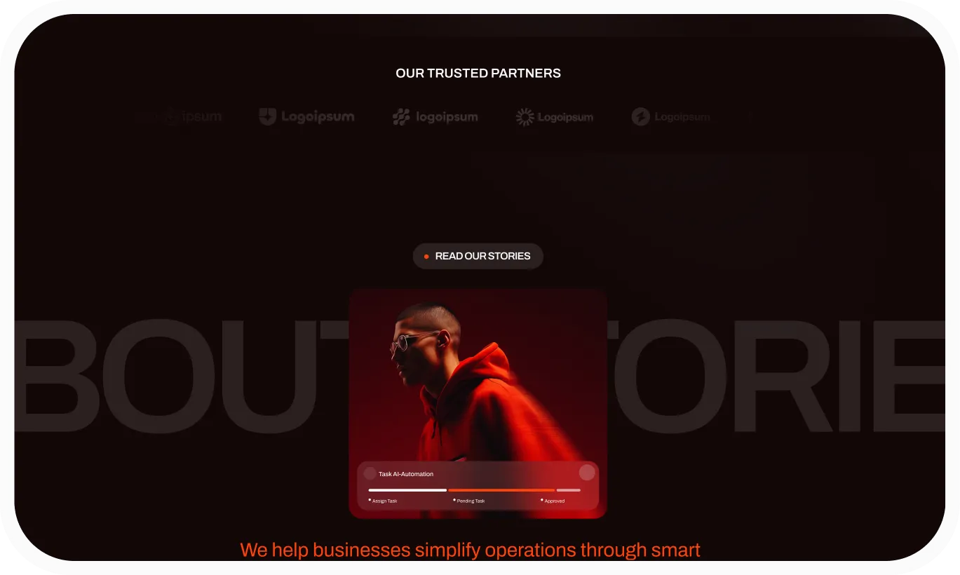 AI automation website sections preview in Automora template