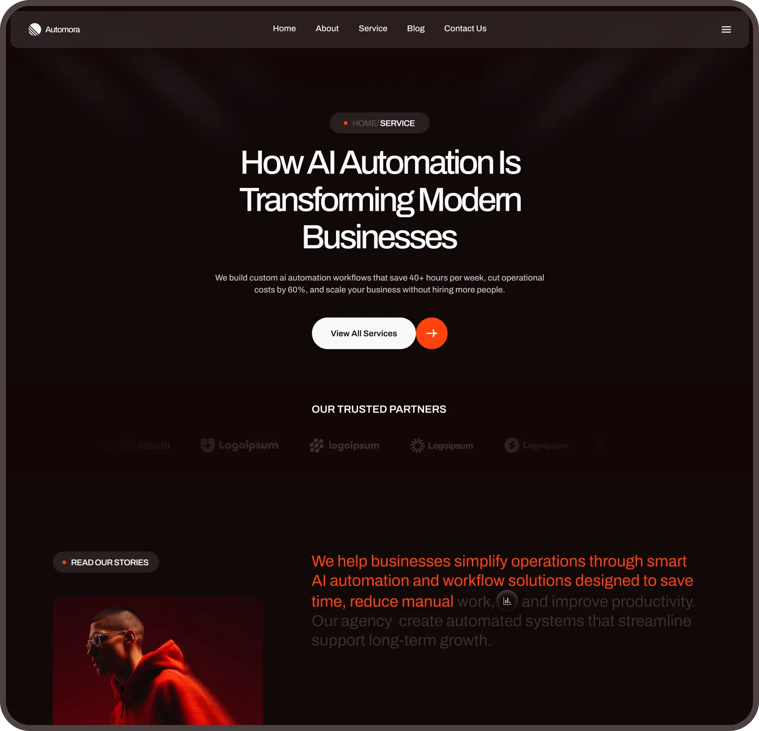 Automora About Us page preview for AI automation agency Webflow template