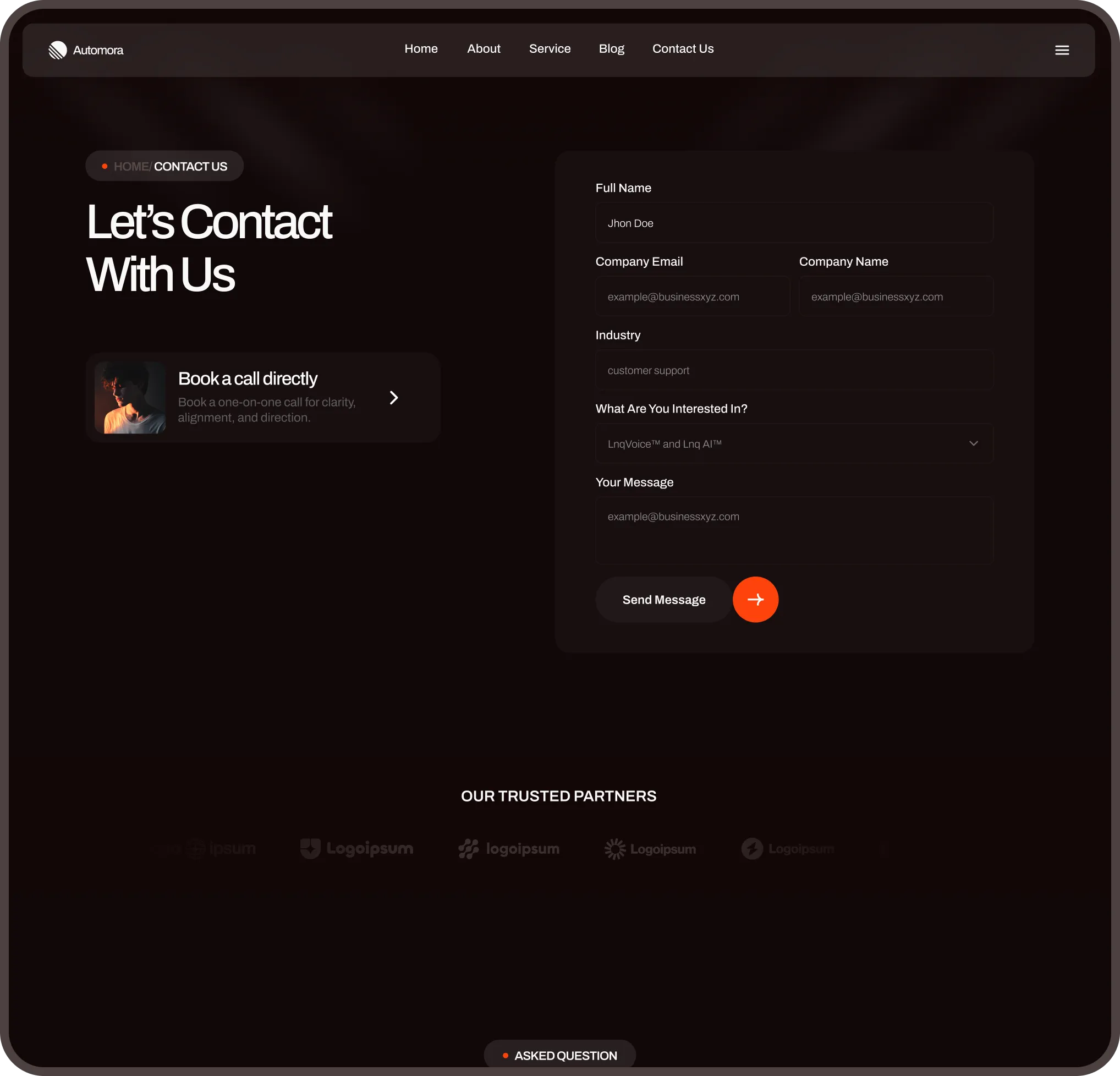 Automora contact page preview with form for AI automation agency
