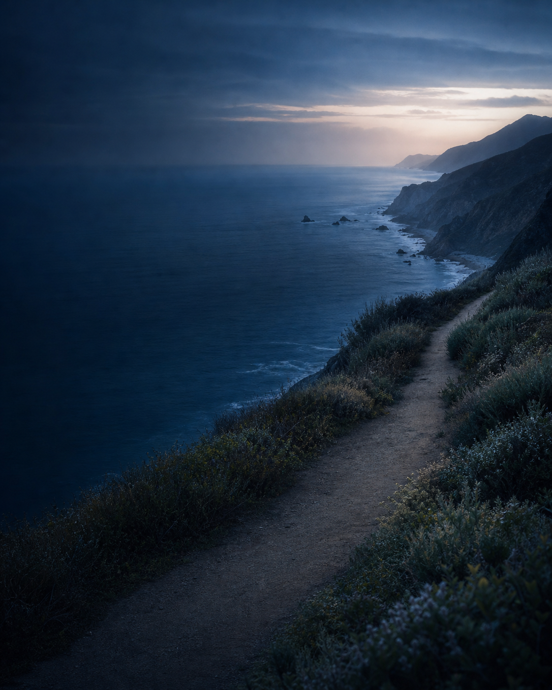 A quiet coastal path overlooking the ocean at dusk