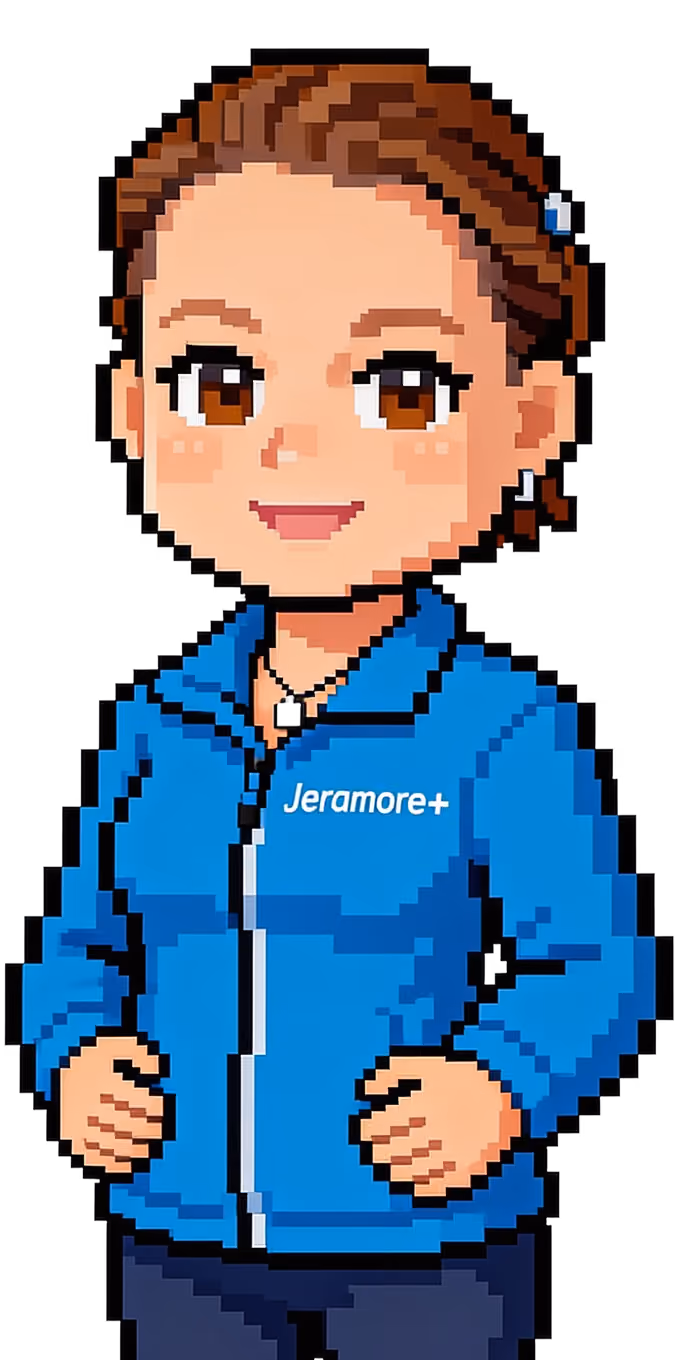 Pixel-taidetyylinen henkilö sinisessä takissa, jossa lukee Jeramore+, kädet vyötäröllä.