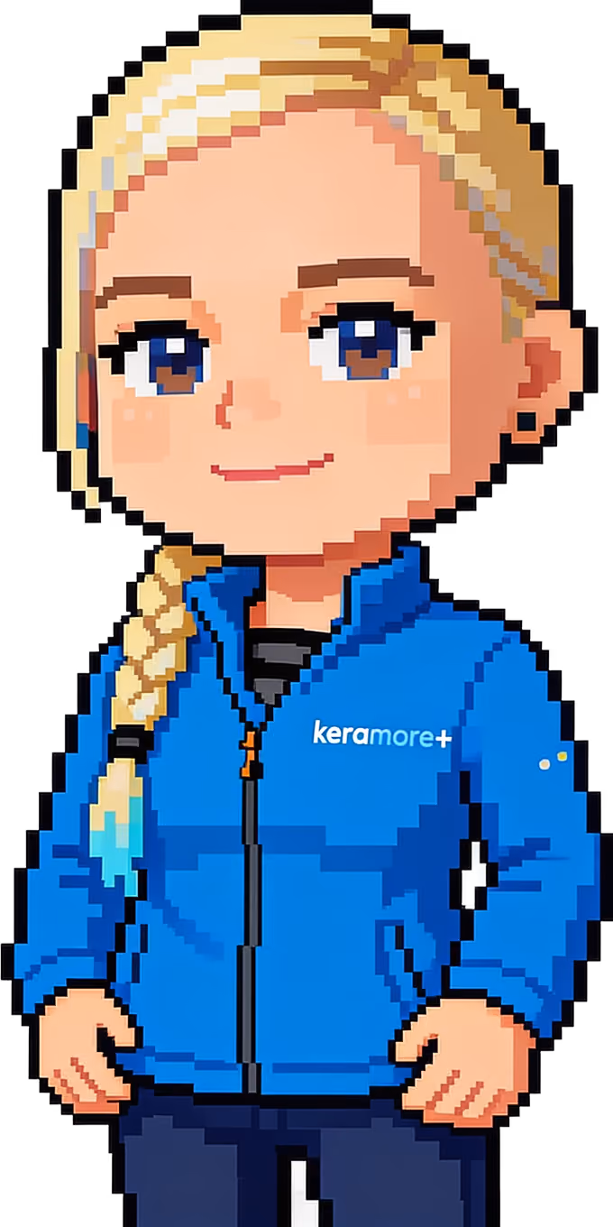 Pixel-hahmo sinisessä takissa, jossa lukee keramore+, vaaleatukkainen, punokki sivulla.