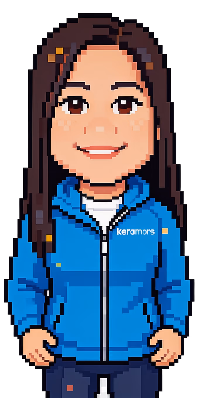 Pixel-taidetyylinen nainen sinisessä takissa, jossa lukee keramors.