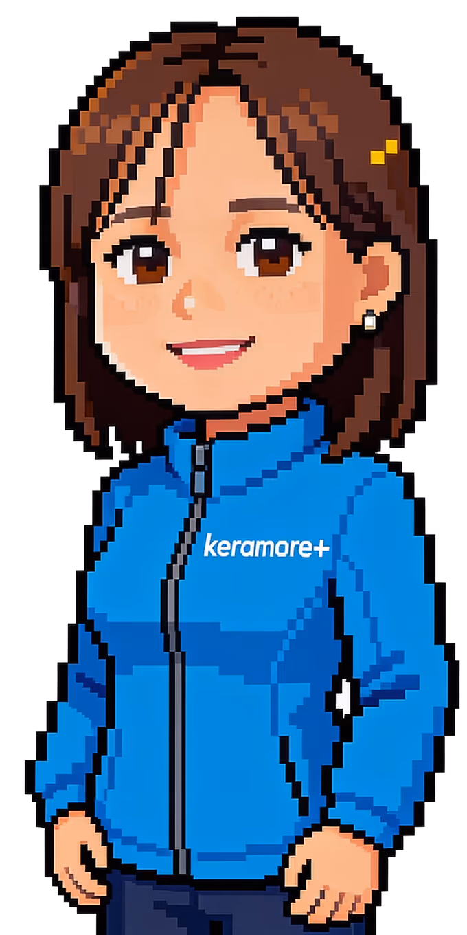 Pixel-taiteilijan kuva hymyilevästä naisesta sinisessä takissa, jossa lukee keramore+.