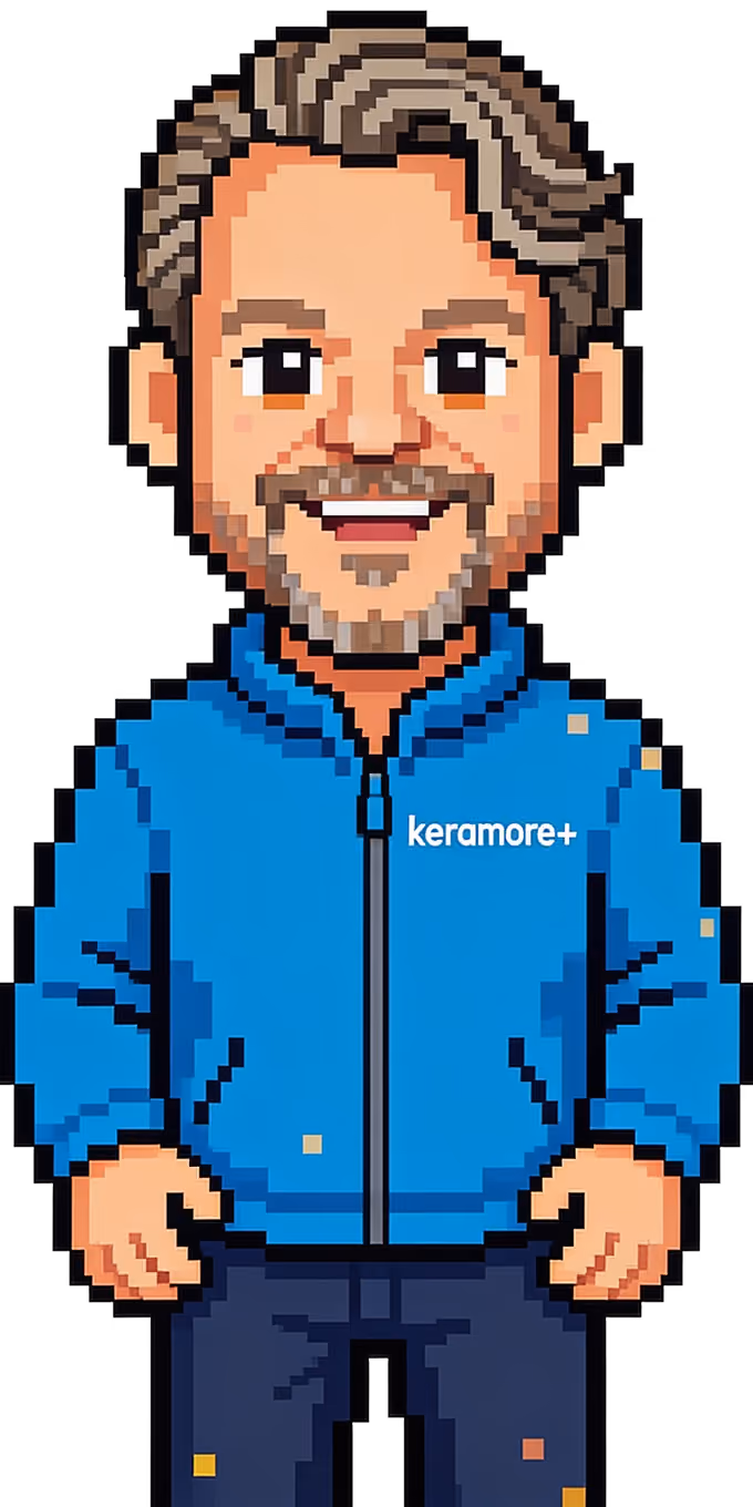 Pixel-taiteen mies, jolla on harmaat hiukset, sininen keramore+ takki ja hymyilevä kasvo.