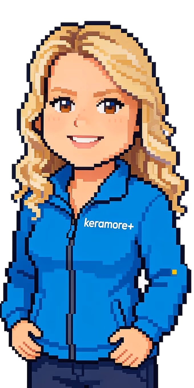 Pixel-taidetyylinen hahmo, jolla on vaaleat kiharat hiukset ja sininen keramore+ takki.