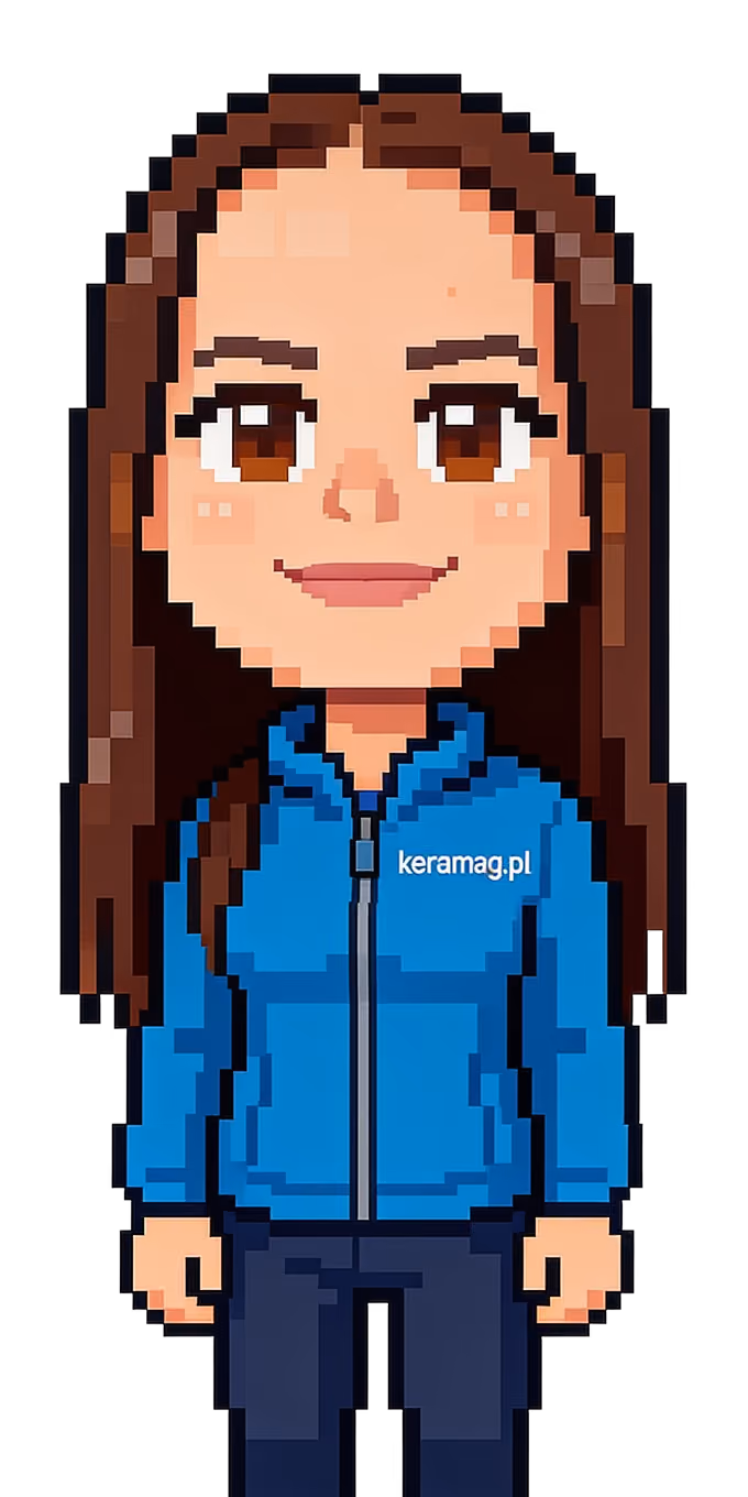 Pixel-taiteinen hahmo on sinisessä takissa, jossa lukee keramag.pl, ja tummissa housuissa.