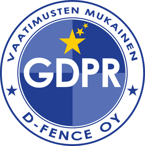 Sinivalkoinen ympyrälogo tekstillä Vaatimusten mukainen GDPR D-Fence Oy ja tähdet.