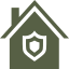 Outline of a house with a shield containing a checkmark in the center representing home security.