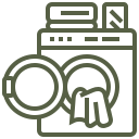 Line icon of a front-loading washing machine with a shirt inside and control panel on top.