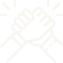 Two hands clasped in a handshake with rays around them symbolizing help or support.