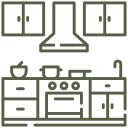 Line drawing of a kitchen with cabinets, stove, range hood, drawers, sink, and faucet.