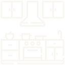 Black and white icon of a kitchen with cabinets, stove, sink, and countertop.