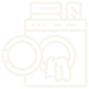 Outline icon of a front-loading washing machine with detergent bottle on top.
