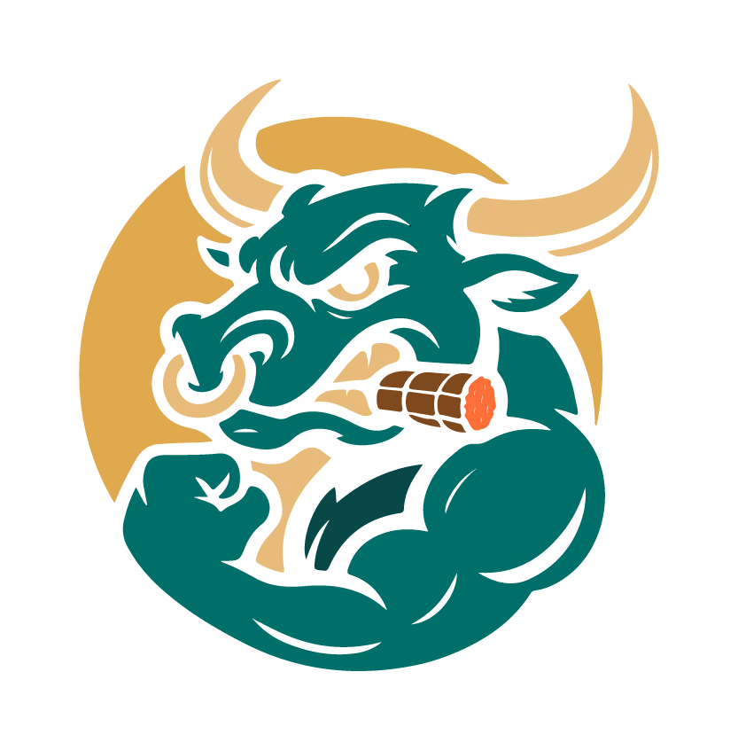 Muscular green bull with a nose ring flexing its arm and smoking a cigar.