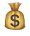 Goldener Geldsack mit Dollarzeichen und Münze davor.
