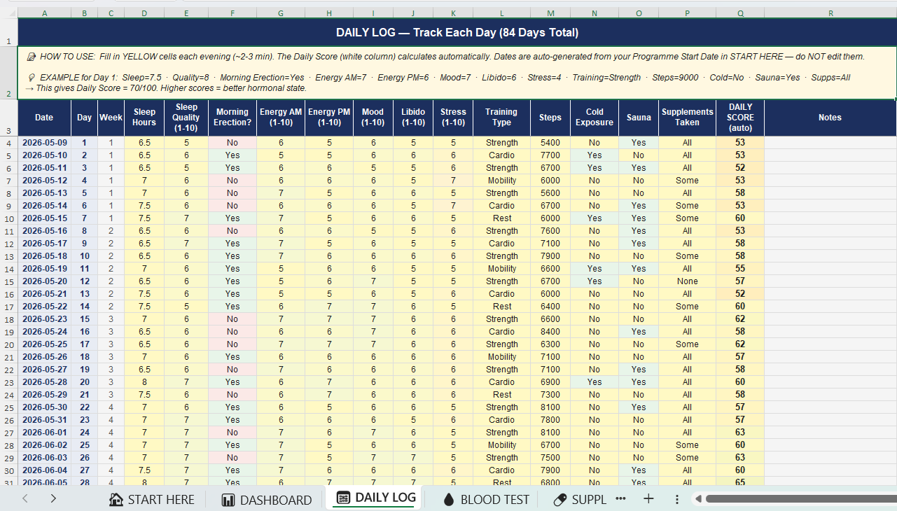 Daily Log sheet filled with 84 days of testosterone tracking data