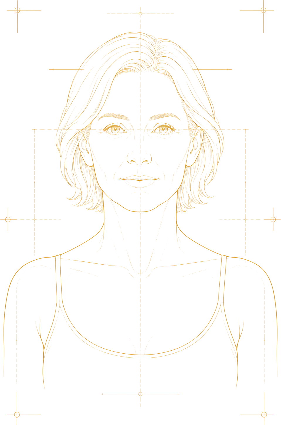 Blueprint-style illustration of a woman, representing where the decline of oestrogen is felt