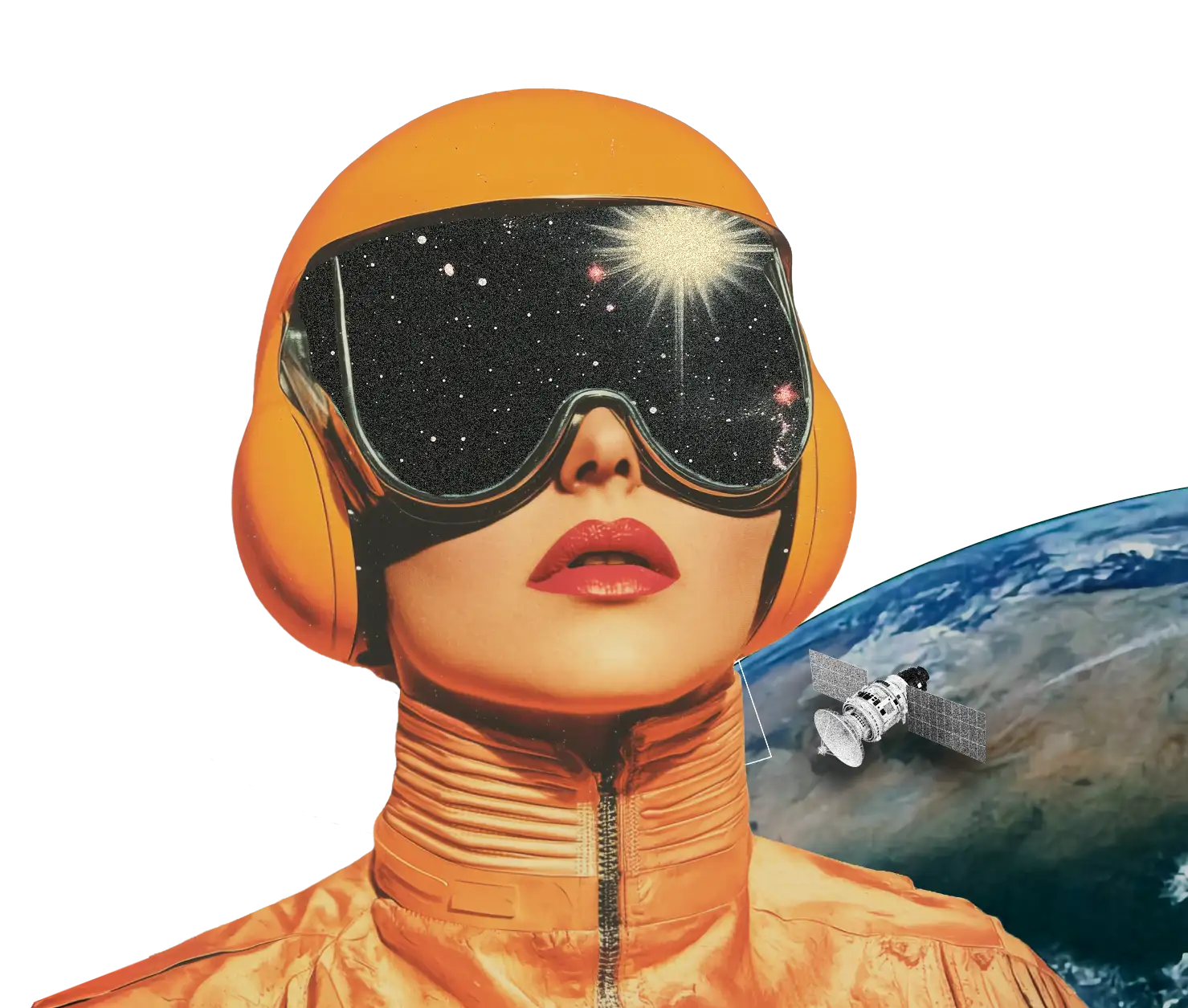 A surreal collage image of a female astronaut looking into space with the earth and a satellite behind her.
